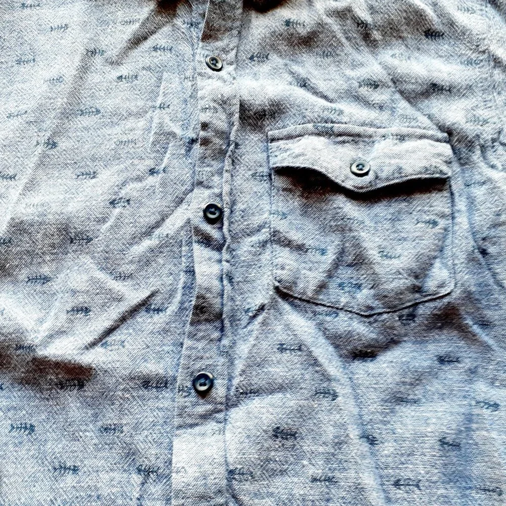 Old Navy Boys Shirt Button Down Blue Linen Blend Fish Short Sleeve Large 10-12
